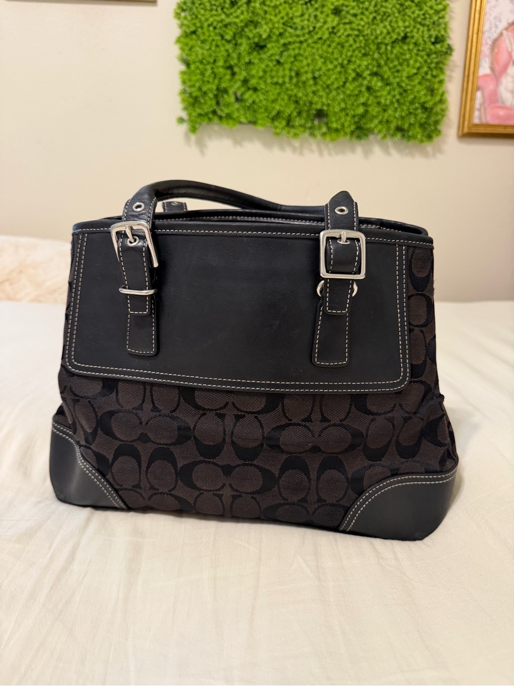 Coach Hampton Black Signature Shoulder Bag with Leather Trim